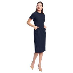 Navy Blue Ruffled Neck & Sleeve Knee-Length Dress With Pockets By Maggy London S